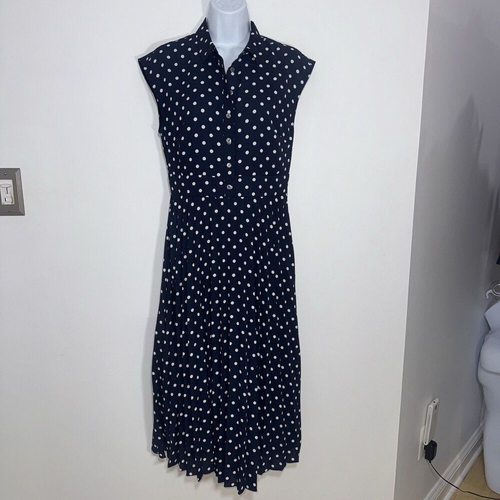 J Crew Midi Shirtdress Pleated Skirt Dot Print Navy Ivory Cap Sleeve Women 4